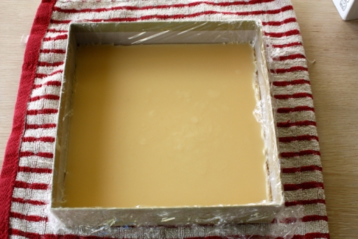 Several hours after pour, soap is matte and becoming firm